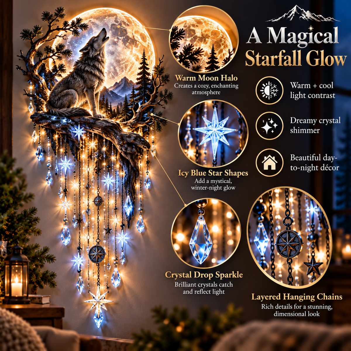 Toaimer® Wolf Howling Moon Starfall Wall Light