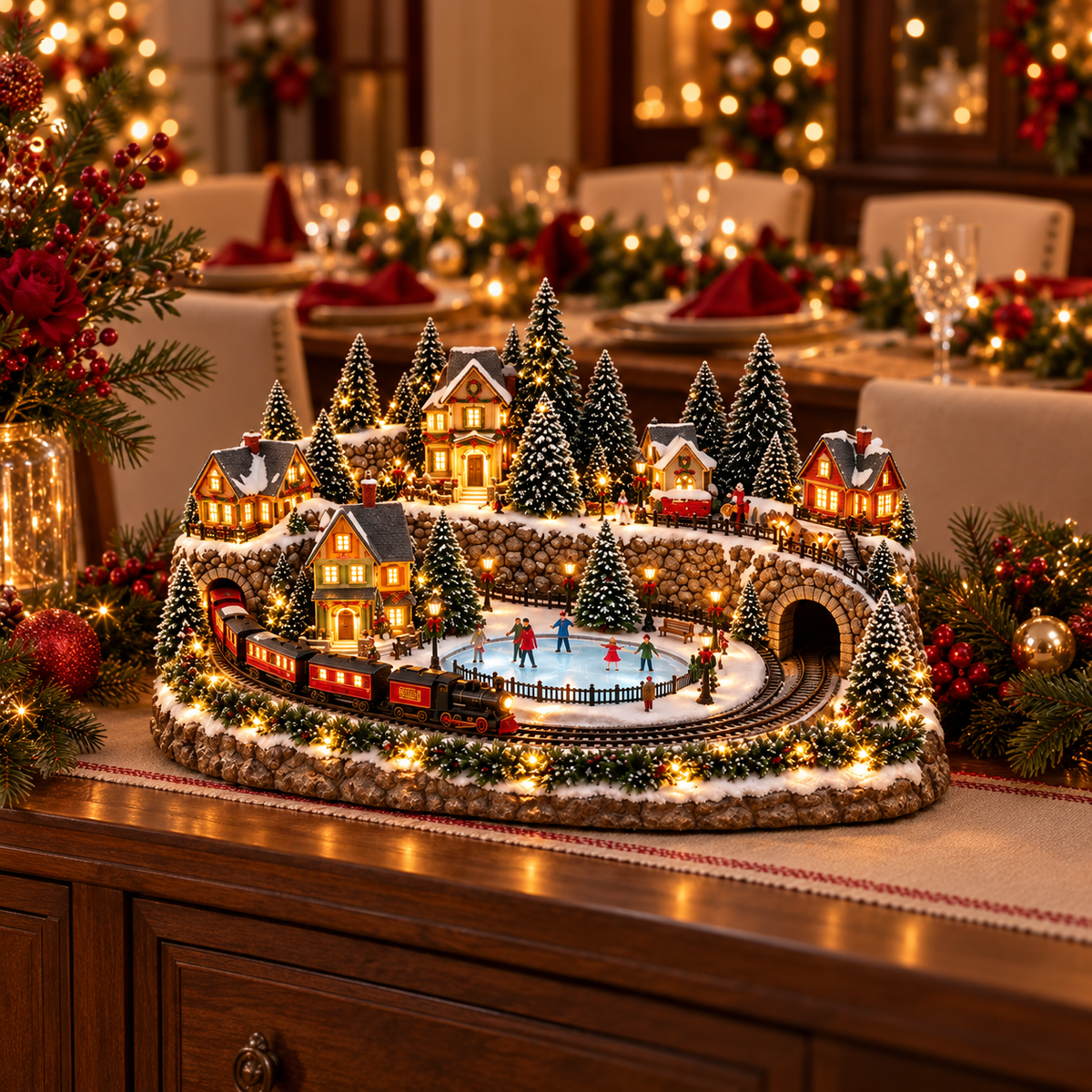 🛤️ Toaimer® Animated Holiday Train & Ice Rink Scene