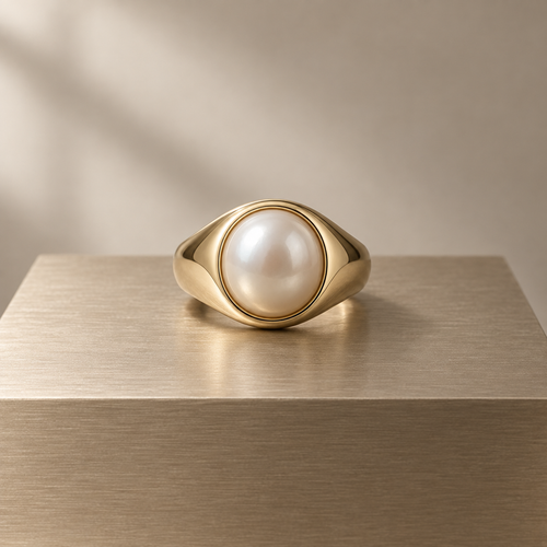 Linden Pearl Signet Ring on brushed champagne metal